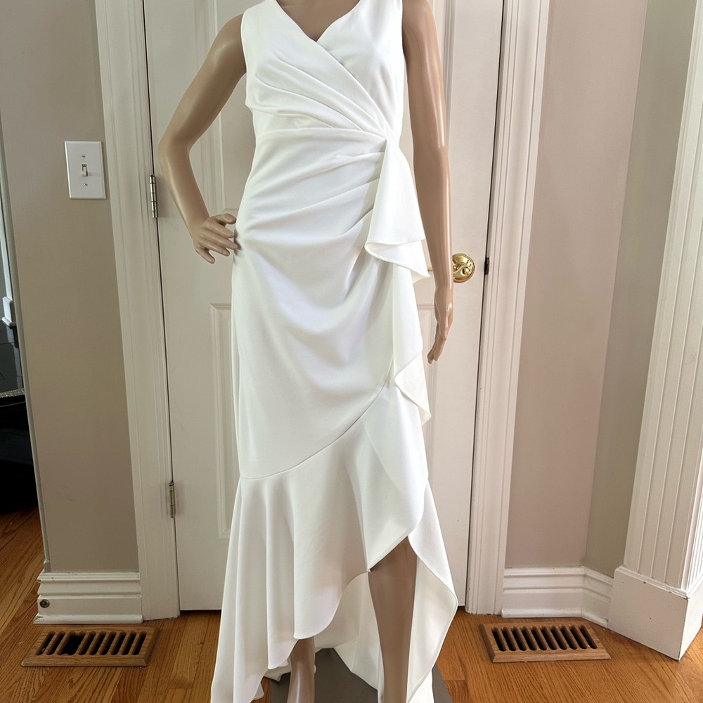 Betsy & Adam White Asymmetrical Ruffled V-Neck Dress